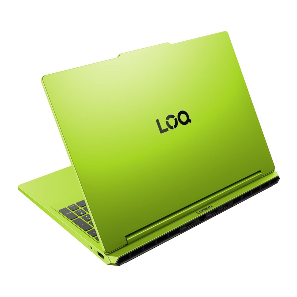 Jasnozielony laptop z logo LOQ na pokrywie.
