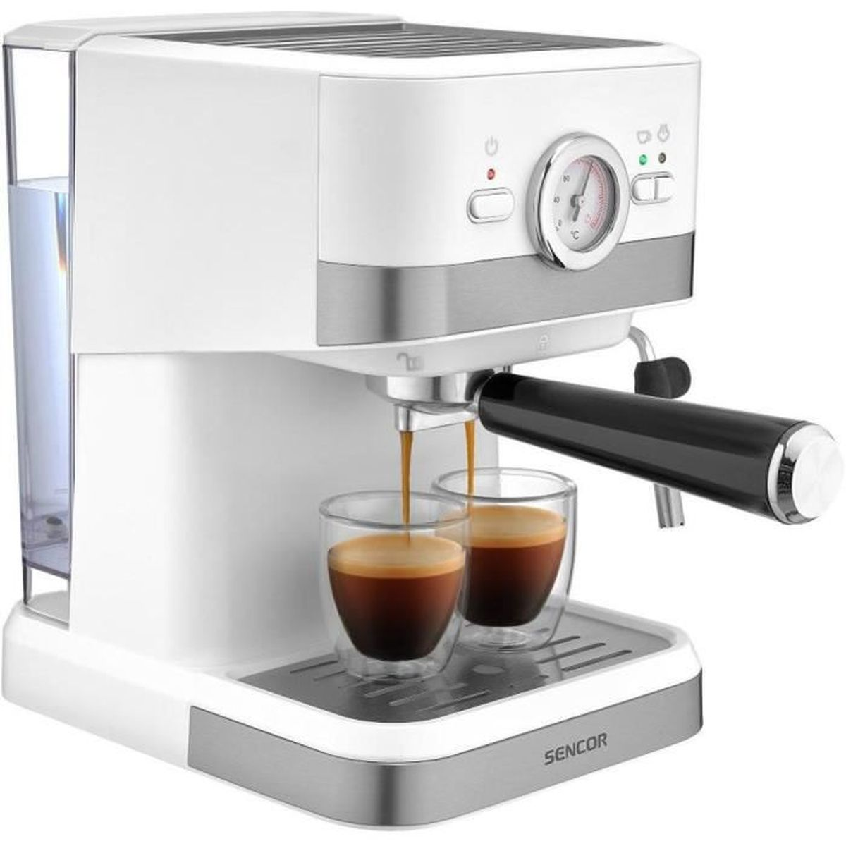Macchina per espresso bianca versa caffè in due bicchieri. Logo SENCOR visibile.