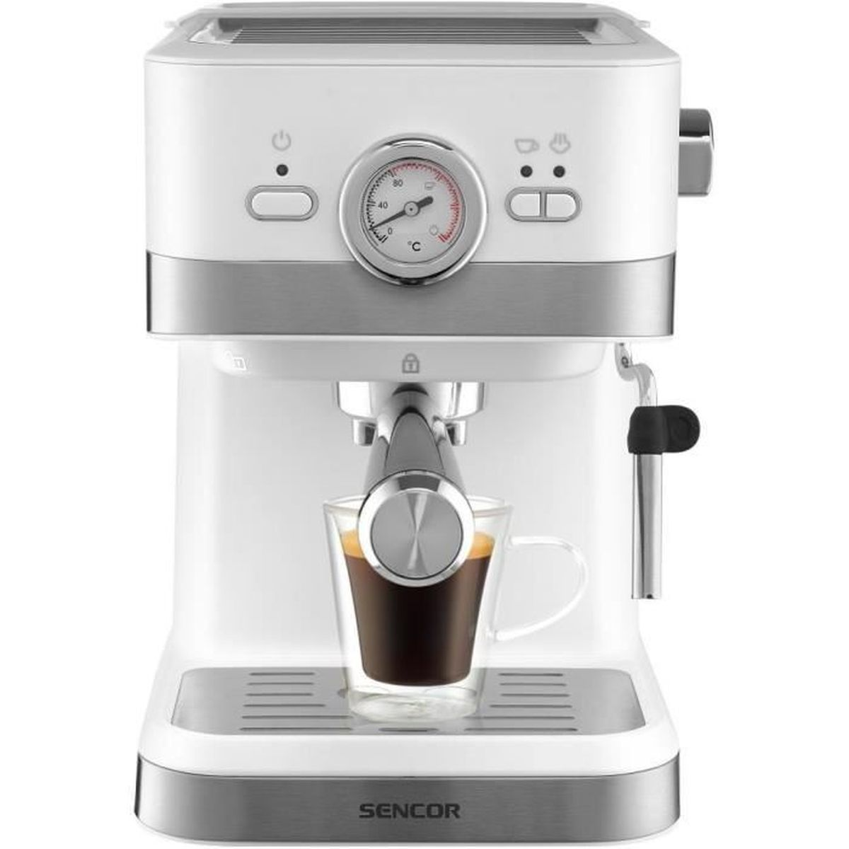 Una macchina da caffè bianca con accenti argentati, che eroga espresso in un bicchiere.