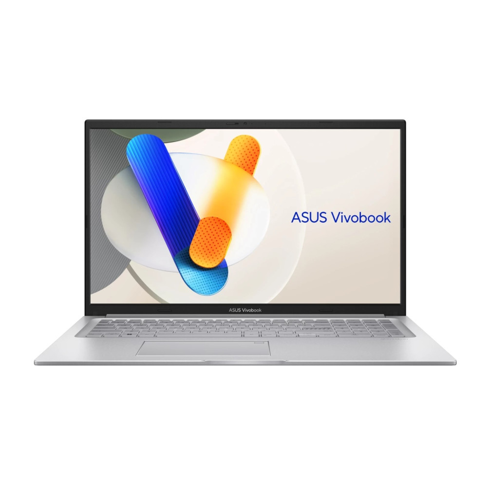 Srebrny laptop Asus Vivobook z kolorową grafiką abstrakcyjną na ekranie.
