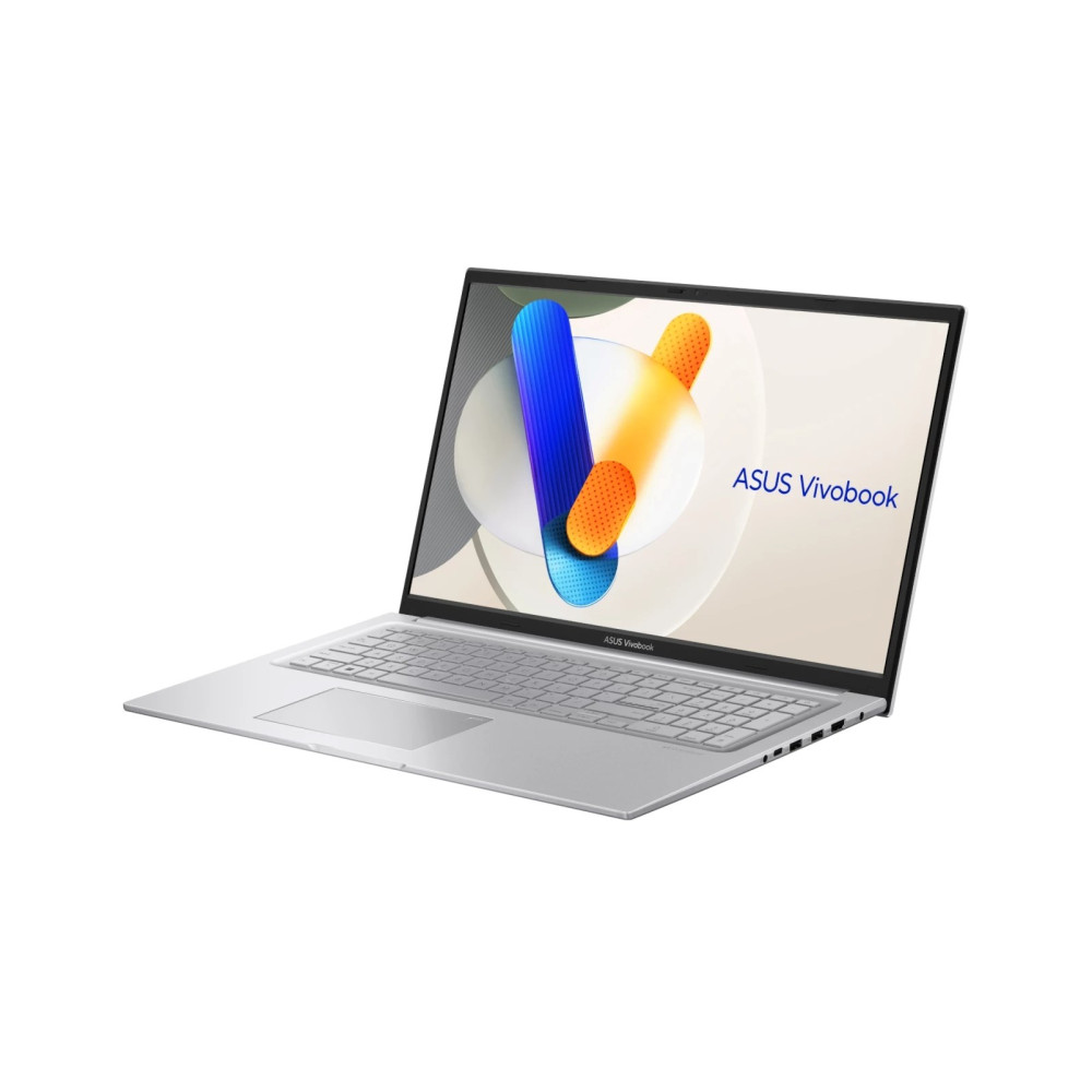 Srebrny laptop Asus Vivobook z kolorowym wyświetlaczem na białym tle.