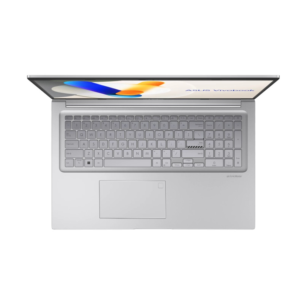 Srebrny laptop Asus Vivobook, widok z góry. Ekran jest otwarty.