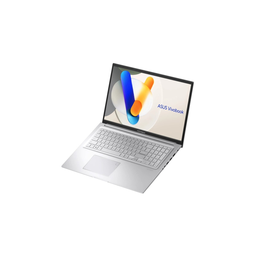 Srebrny laptop ASUS Vivobook z podświetlaną klawiaturą na białym tle.