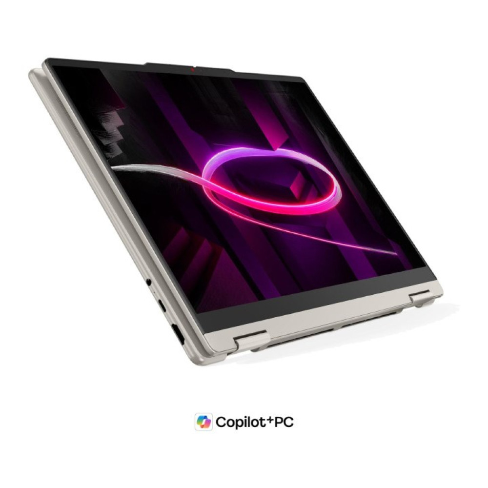 Jasnoszary laptop konwertowalny z fioletowo-różowym wzorem na ekranie.