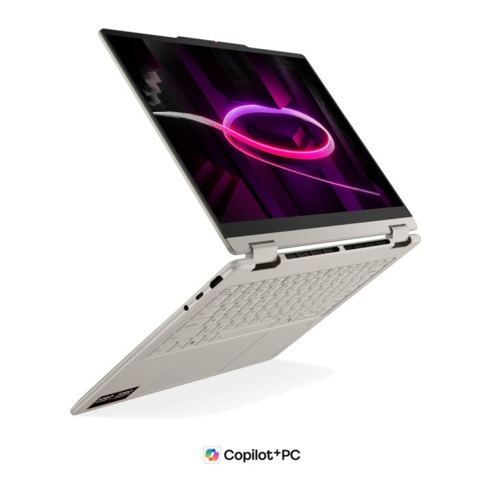 Jasnobrązowy laptop jest otwarty, wyświetla fioletowo-różową grafikę na ekranie.