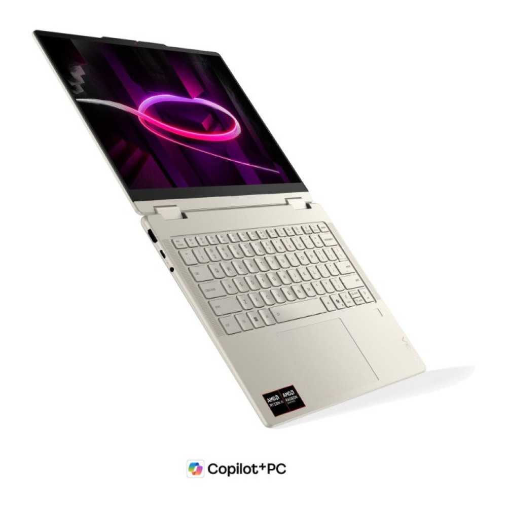 Otwarty beżowy laptop z logo serca w kolorze fioletowym i różowym na ekranie.