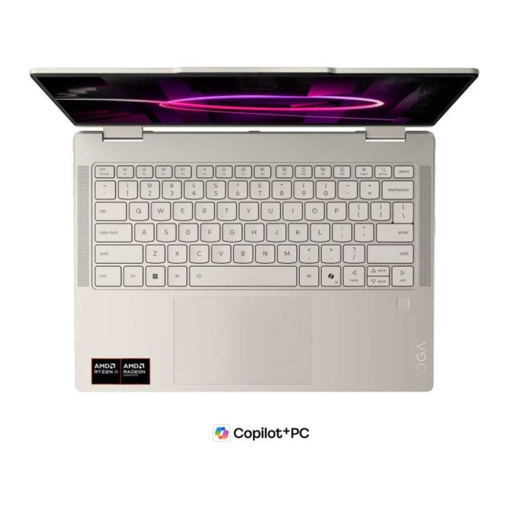 Otwarty beżowy laptop z podświetlanym fioletowym ekranem i widoczną klawiaturą.