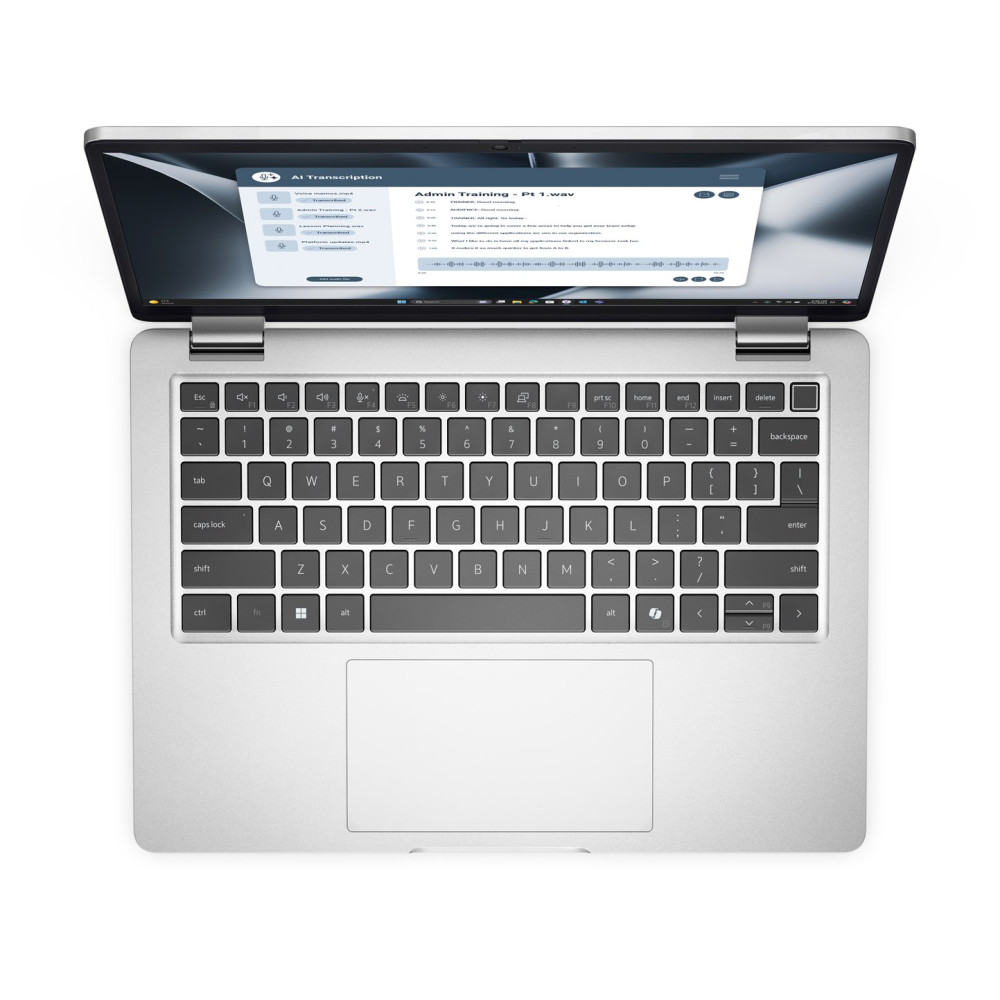 Otwarty laptop wyświetlający program do transkrypcji AI na ekranie.