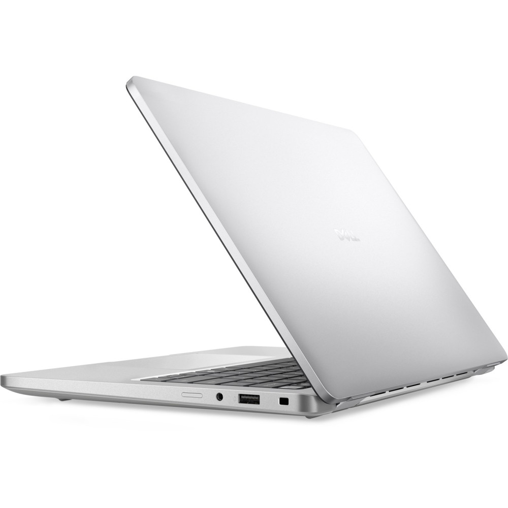 Srebrny laptop Dell, częściowo otwarty, pokazany z profilu.