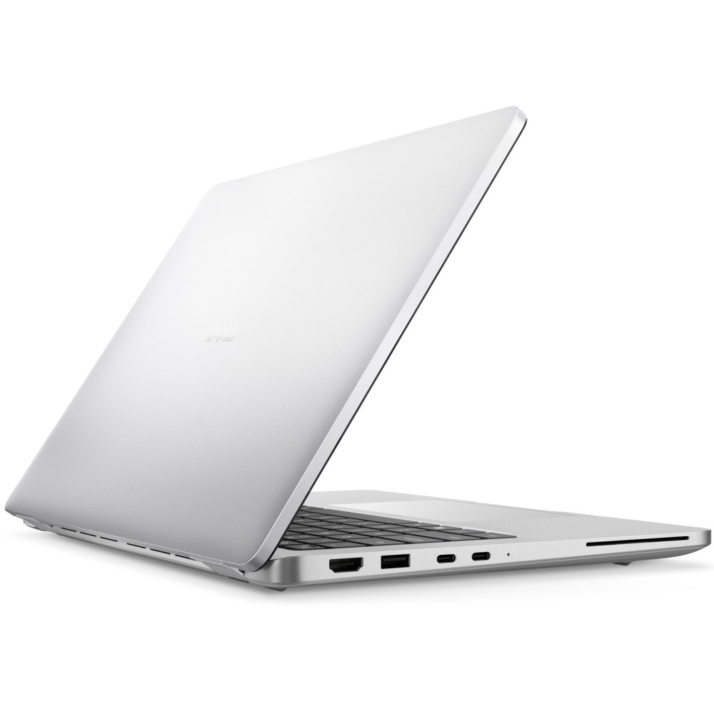 Srebrny laptop Dell jest otwarty, widoczna jest klawiatura i porty boczne.