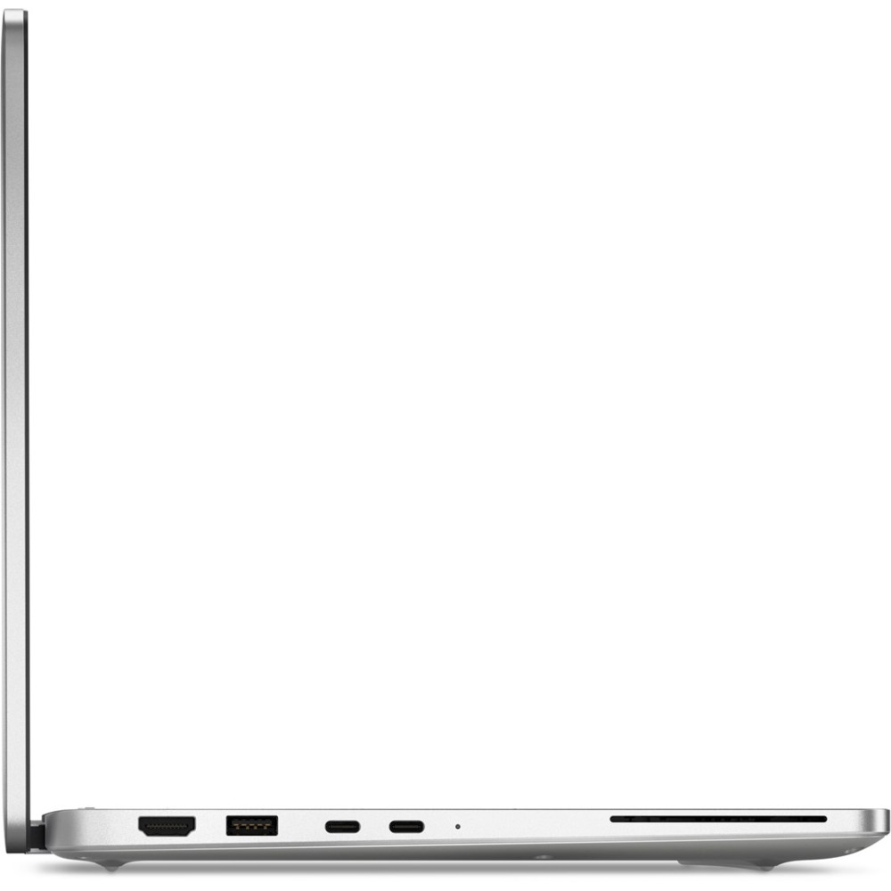 Widok z boku srebrnego laptopa: HDMI, USB-A, dwa USB-C, czytnik kart SD.