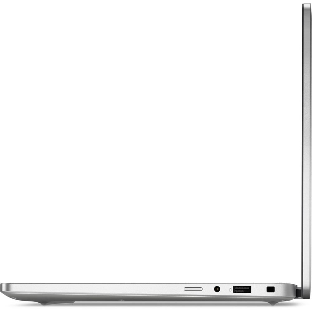 Srebrny laptop w profilu, z portami po bokach.