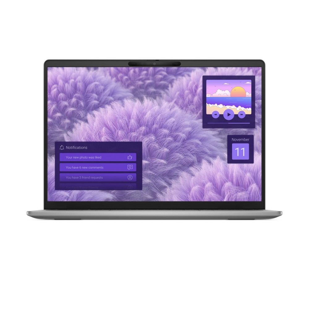 Laptop z fioletowym tłem, powiadomieniami i widżetem kalendarza.