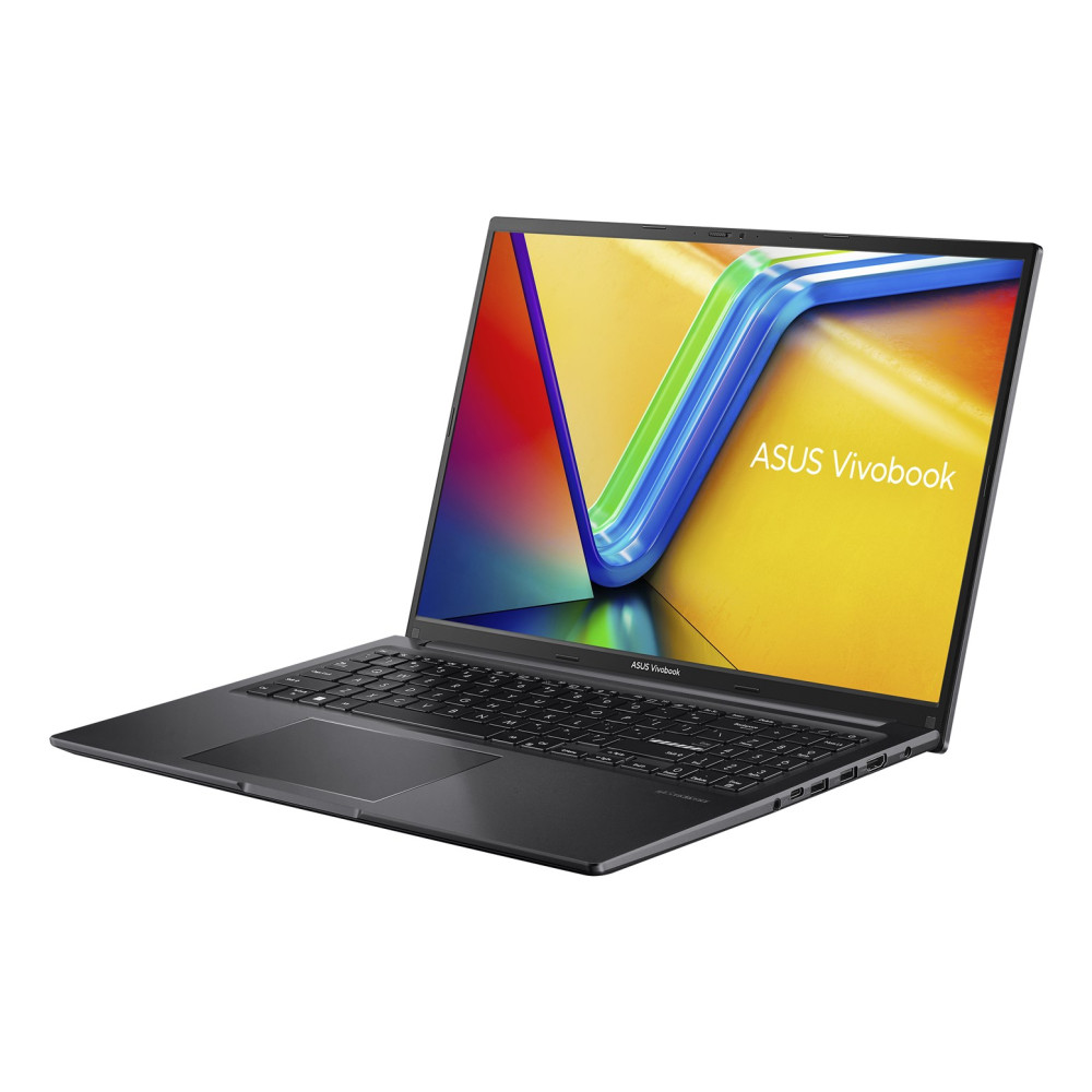 Ciemnoszary laptop ASUS Vivobook jest otwarty, z kolorowym ekranem i logo ASUS Vivobook.