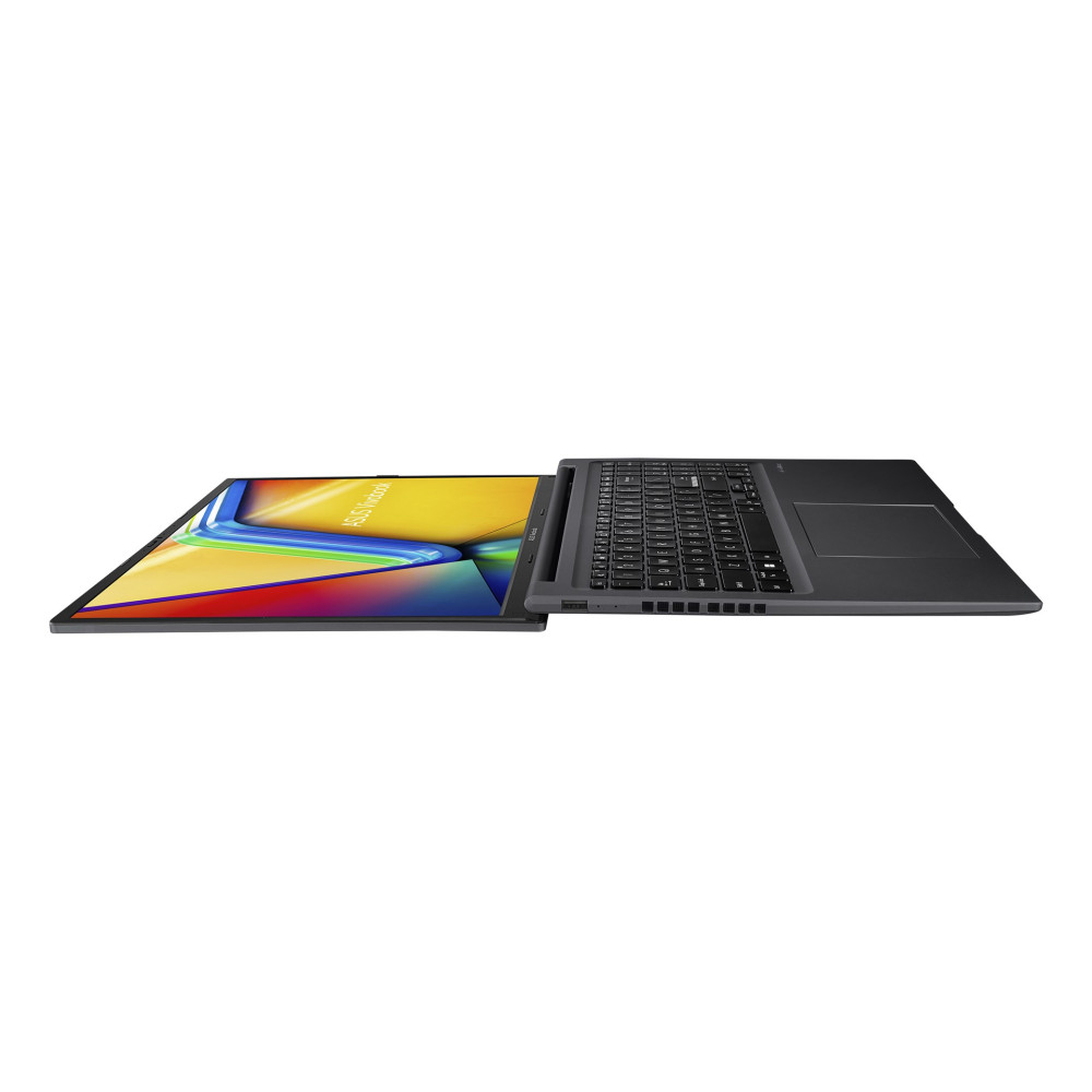 Ciemny laptop z otwartym ekranem, wyświetlający kolorową tapetę.