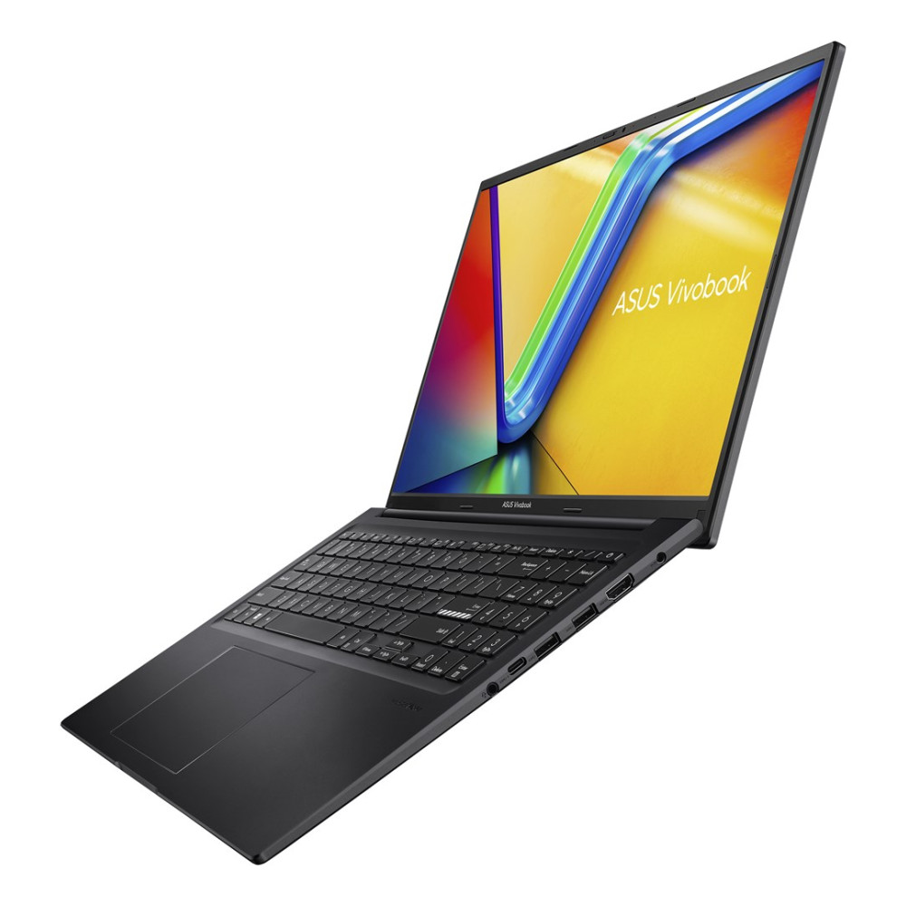 Czarny laptop ASUS Vivobook z klawiaturą i kolorową tapetą ekranu.