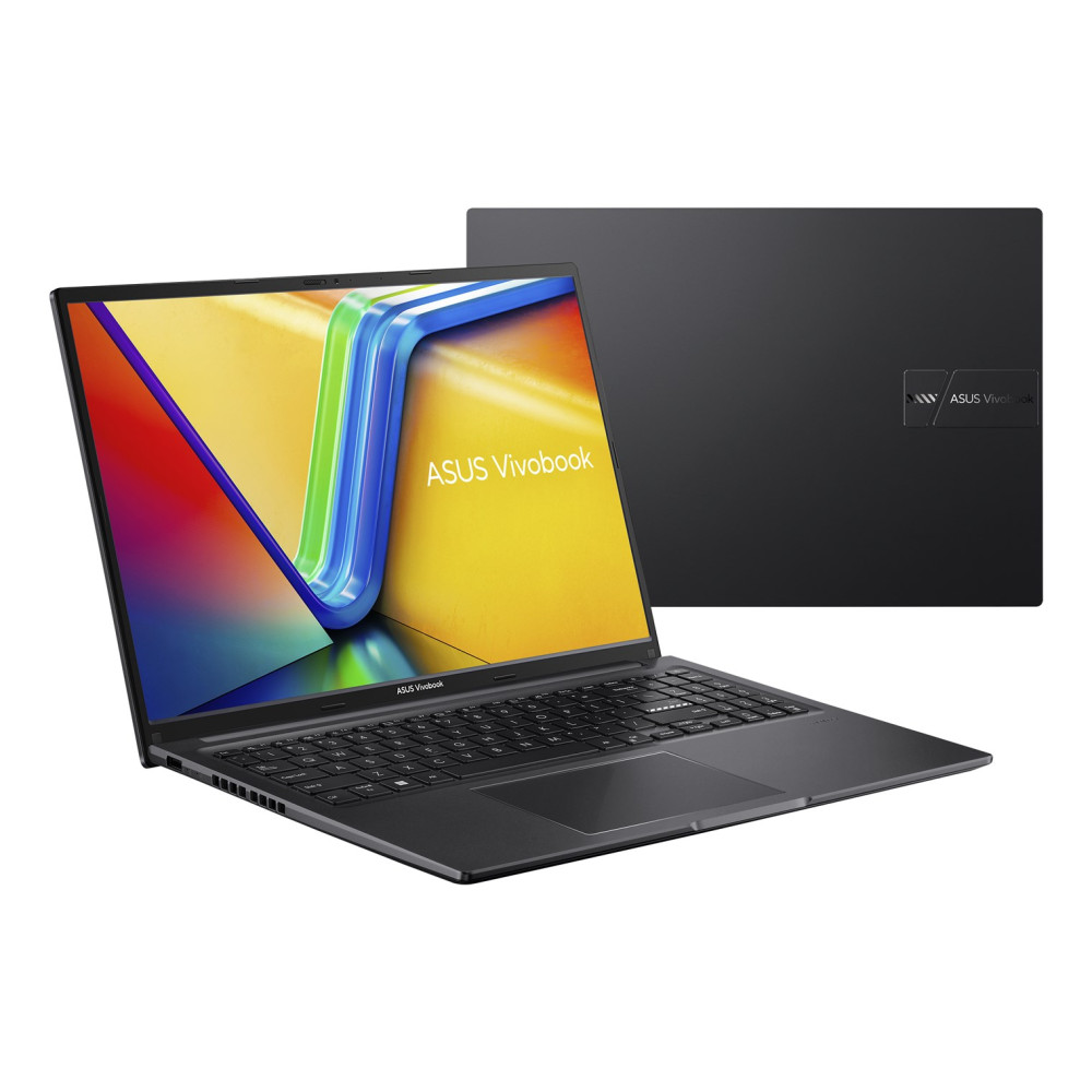 Ciemny laptop Asus Vivobook z jasnym ekranem i klawiaturą.