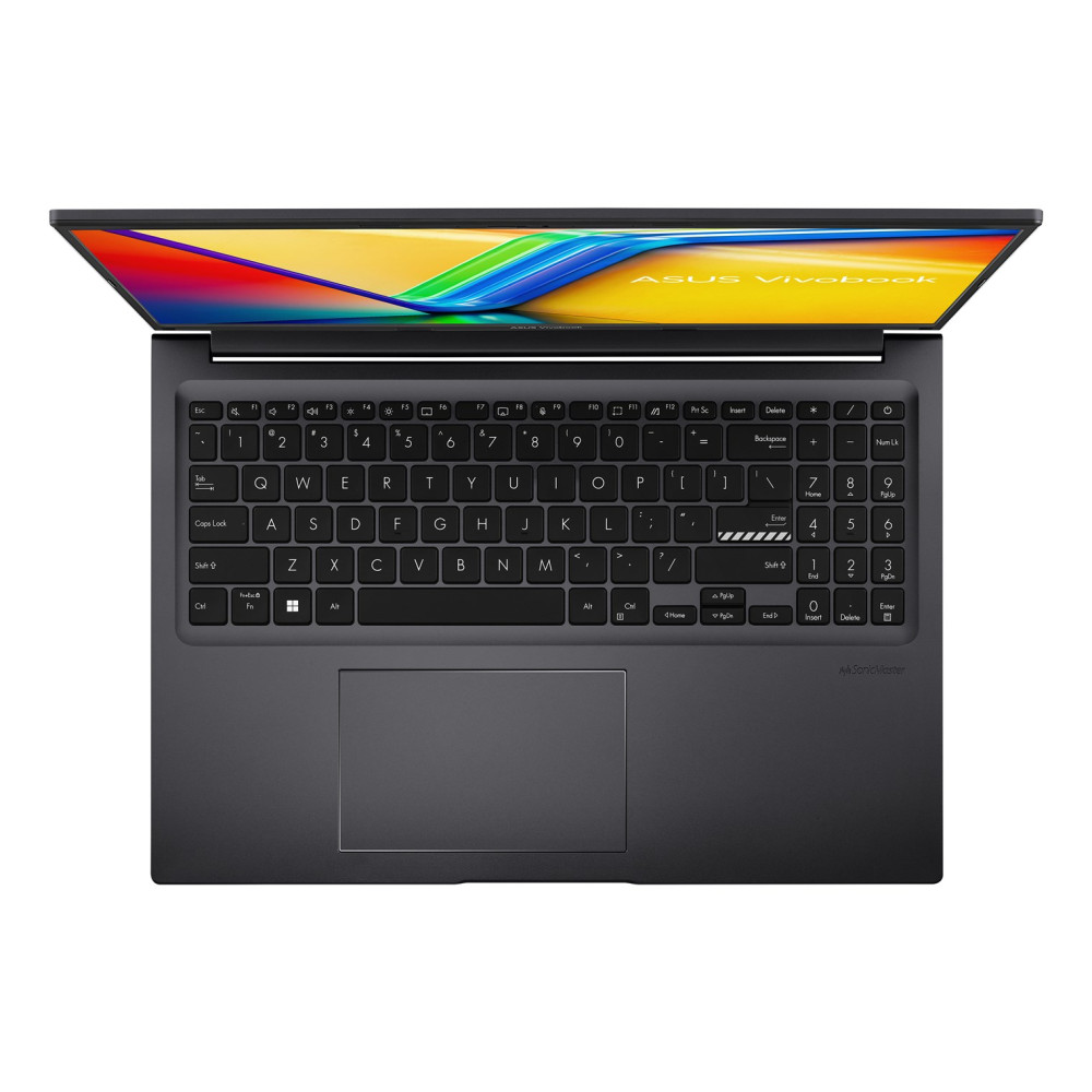 Ciemny laptop z otwartym ekranem, wyświetlający logo ASUS Vivobook.