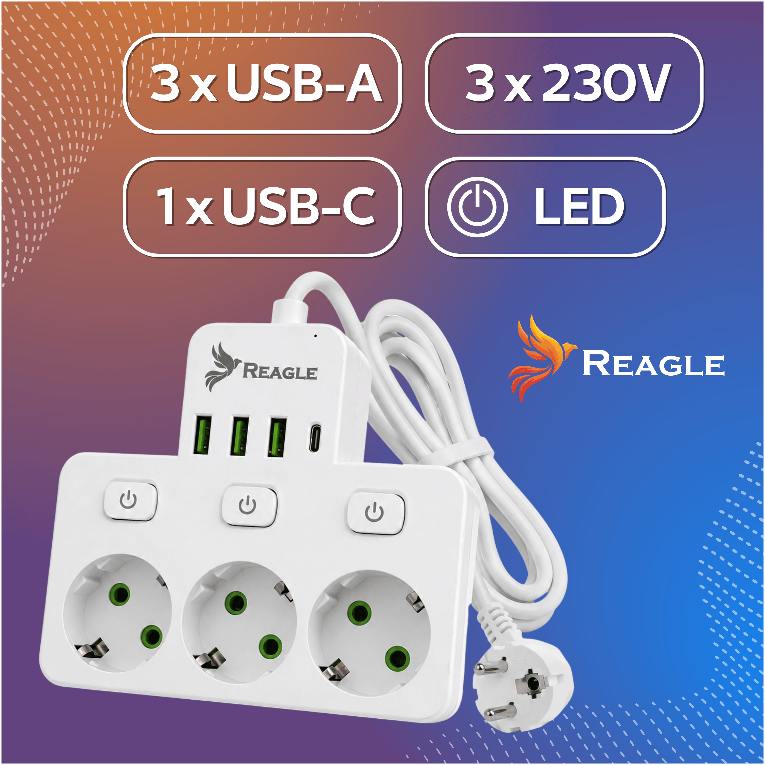 Una regleta blanca con 3x USB-A, 1x USB-C, 3x tomas de 230V y un LED.