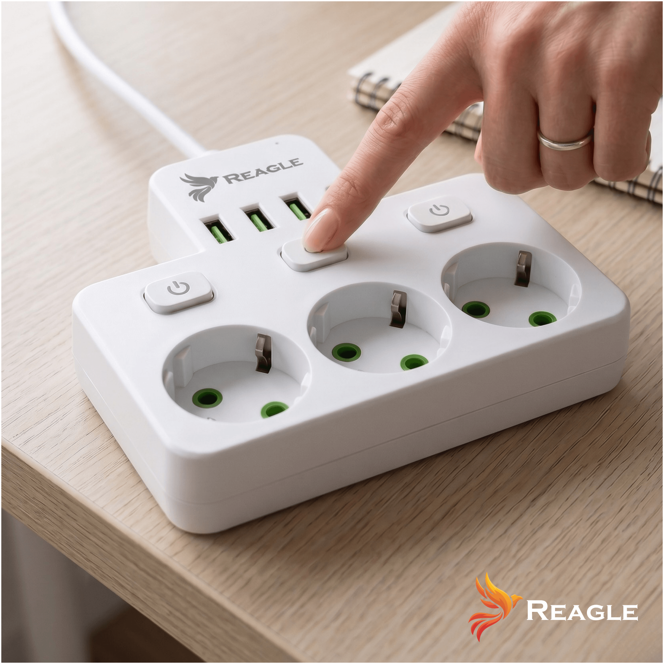 Una mano presiona un botón en una regleta blanca con puertos USB.