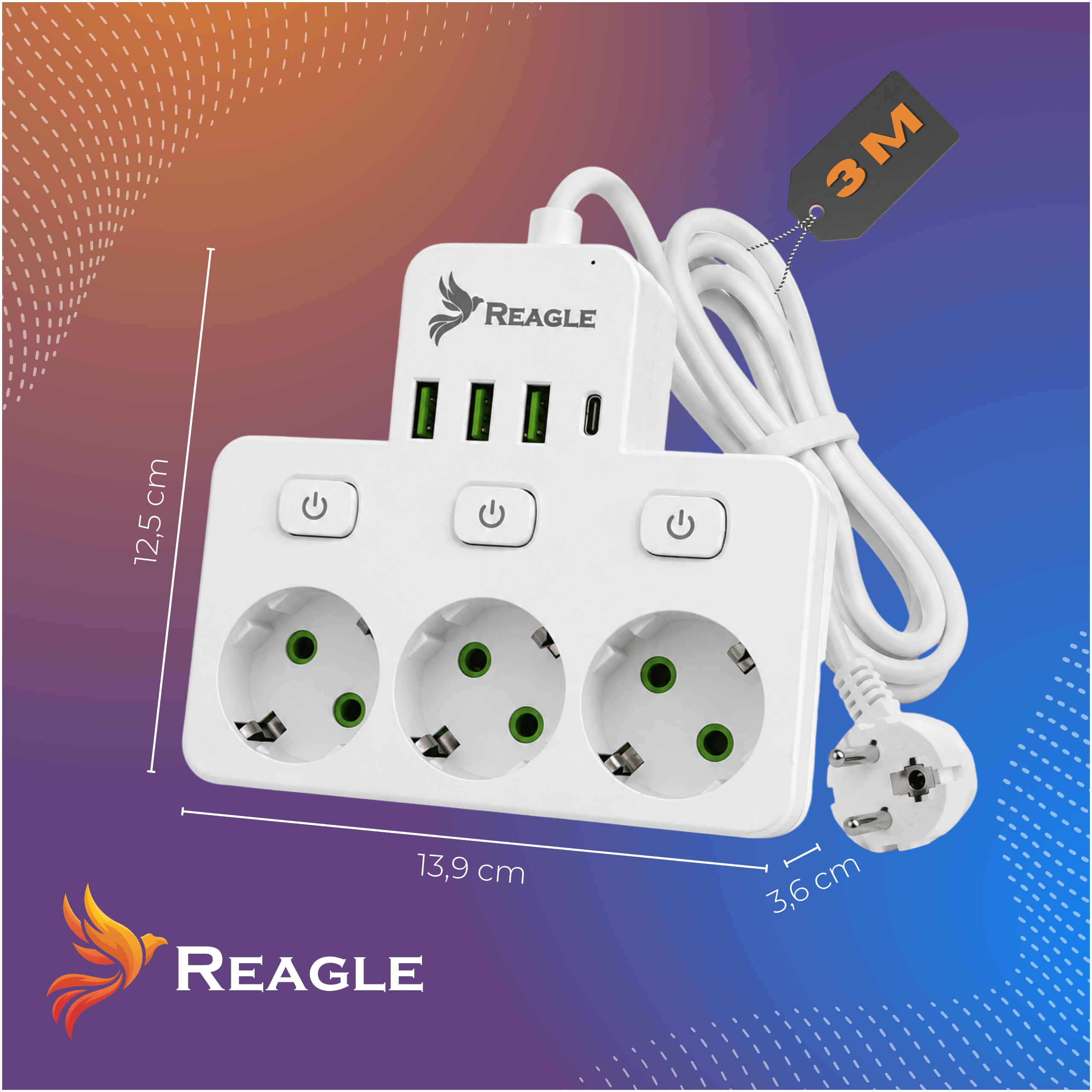 Una regleta blanca con tres enchufes y tres puertos USB.