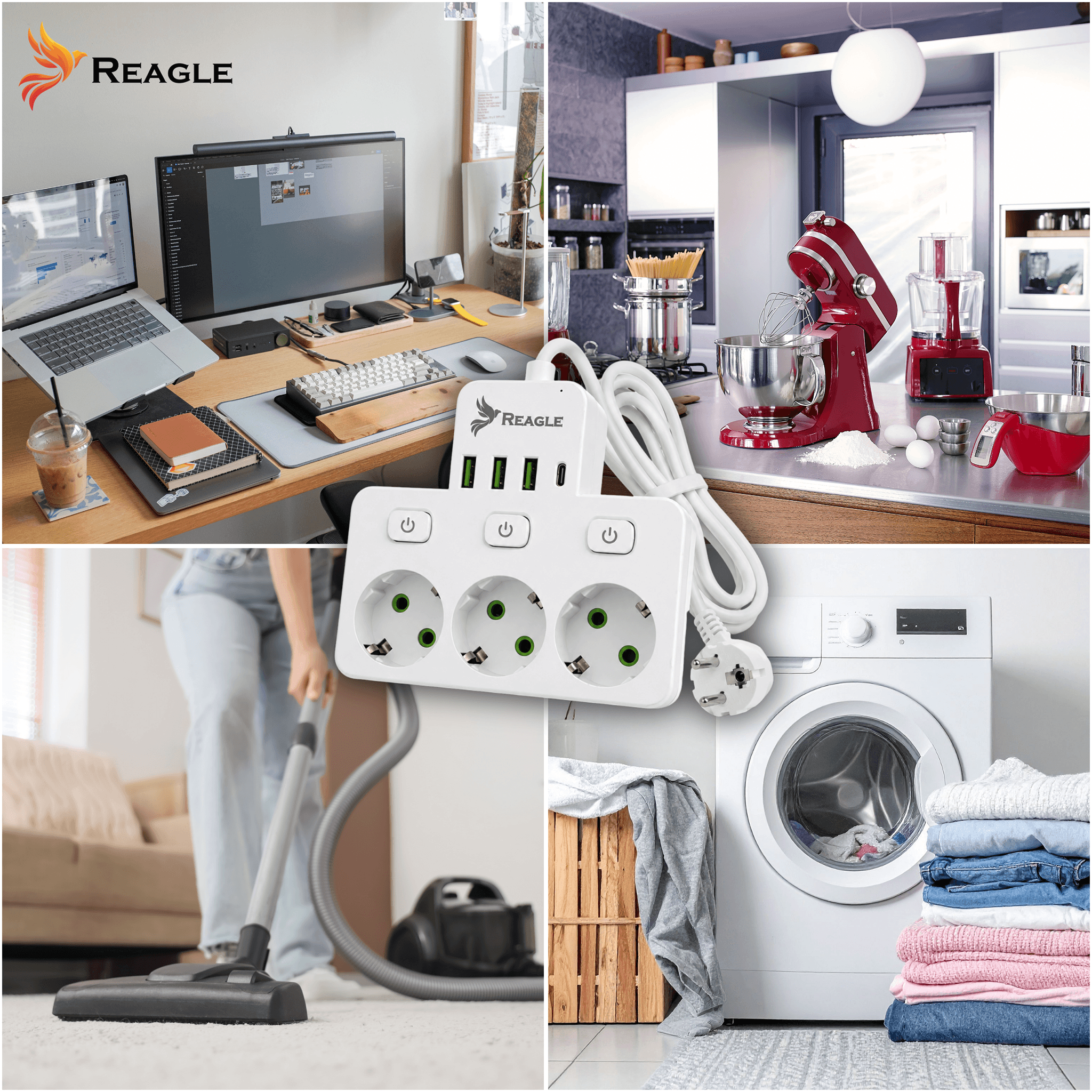 Colage muestra un espacio de trabajo, cocina, aspirar y una lavadora.