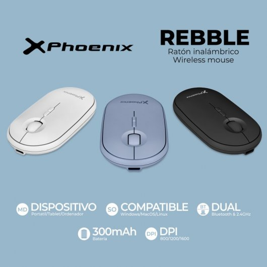 Tres ratones Phoenix: blanco, azul y negro, con especificaciones.