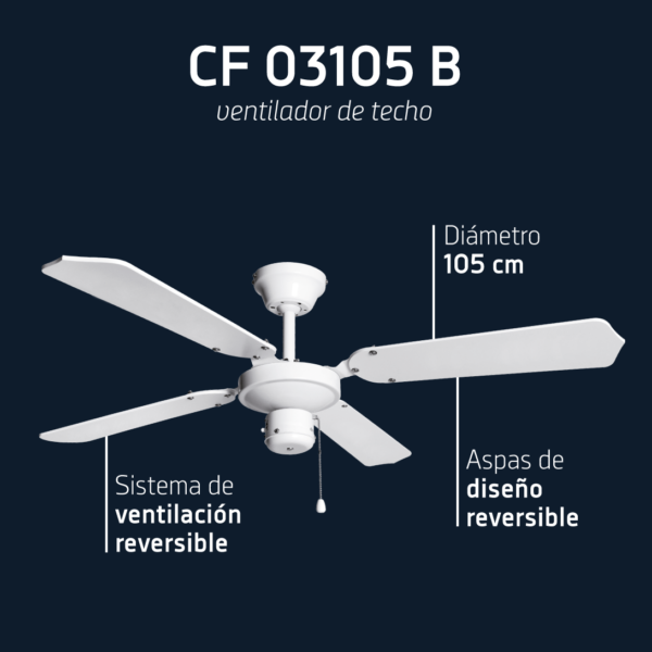Un ventilador de techo blanco con cinco aspas y cadena.
