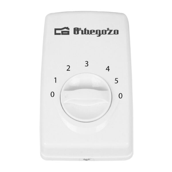 Un dial giratorio blanco con números del 0 al 5 y el logo de Orbegozo.