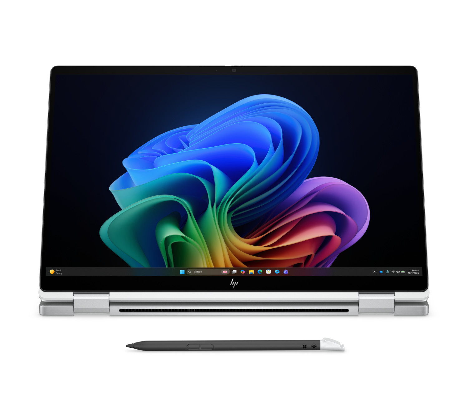 Un laptop aperto mostra uno sfondo colorato, con una penna stilo davanti.