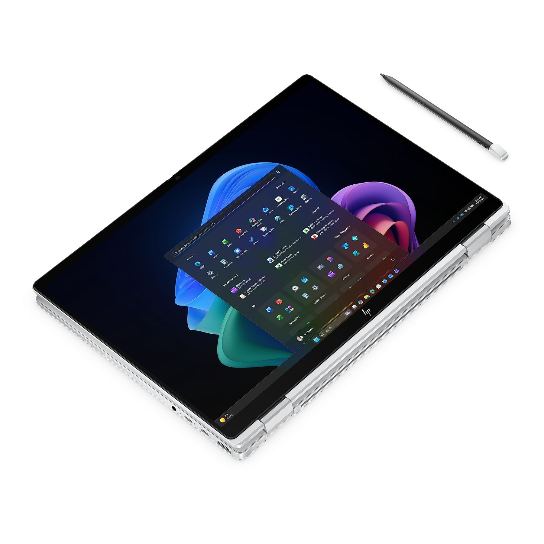 Un laptop con stilo, che mostra il menu Start di Windows 11 con molte app.