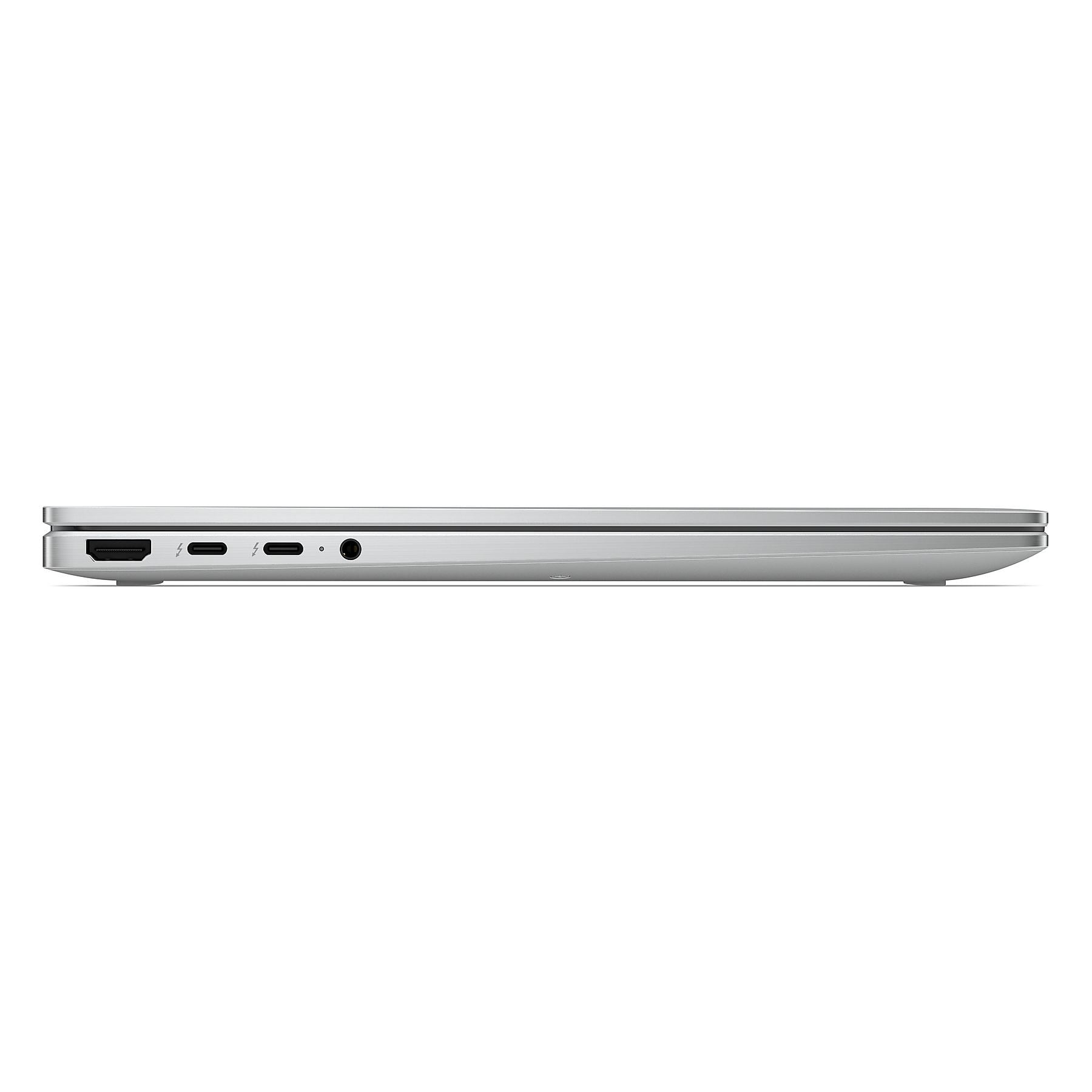 Primo piano delle porte di un laptop argentato: HDMI, 2x Thunderbolt, jack audio.