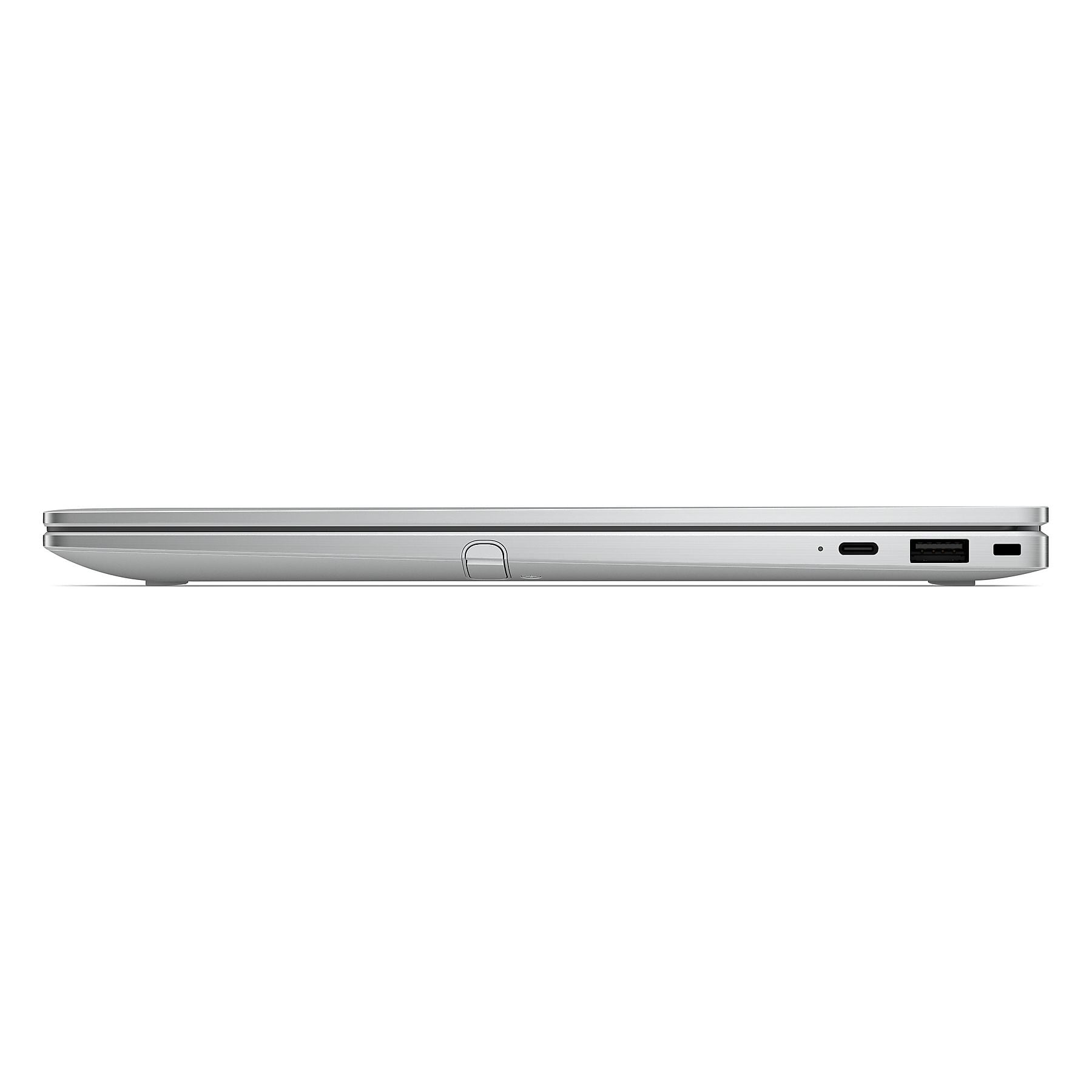 Laptop argentato di profilo, con porte USB-C e USB-A.
