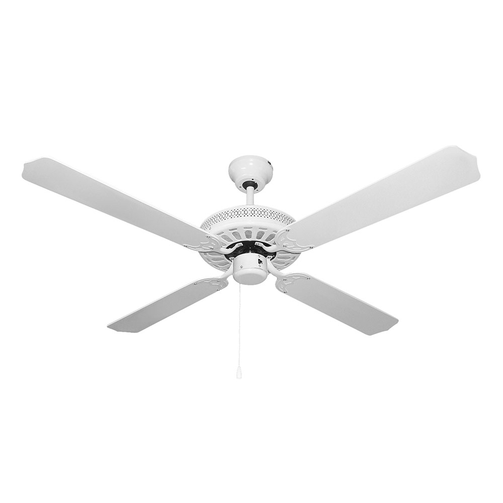 Un ventilador de techo blanco de cuatro palas sobre fondo blanco.