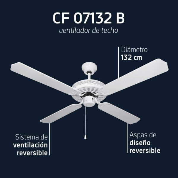 Un ventilador de techo blanco de 4 aspas, modelo CF 07132 B.