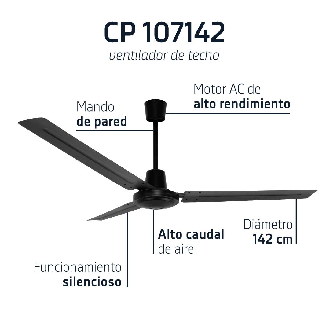 Ventilatore da soffitto nero a tre pale con controllo a parete, motore AC e diametro 142 cm.
