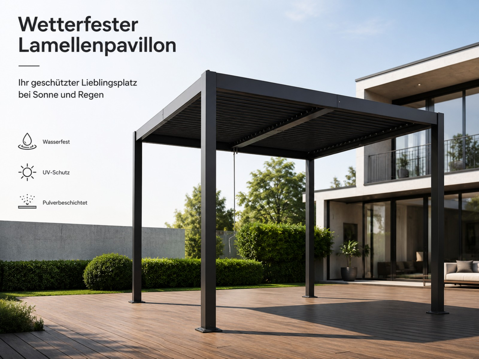Ein moderner schwarzer Lamellenpavillon auf einer Holzterrasse vor einem Haus.