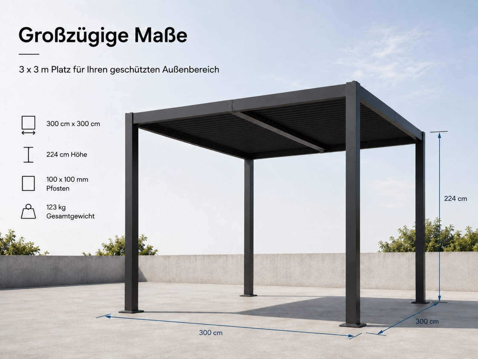 Schwarze Pergola 3x3m, 224cm hoch, auf einer Betonfläche.