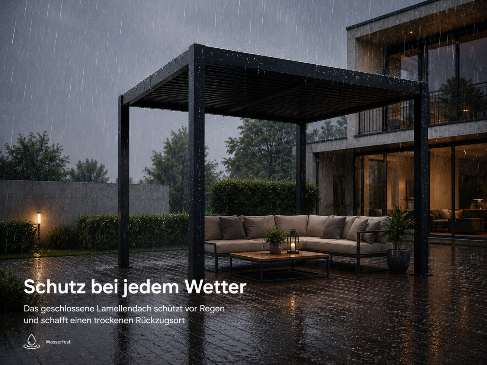 Ein schwarzer Pergola-Pavillon mit Lamellen und einem Sofa darunter bei Regen.