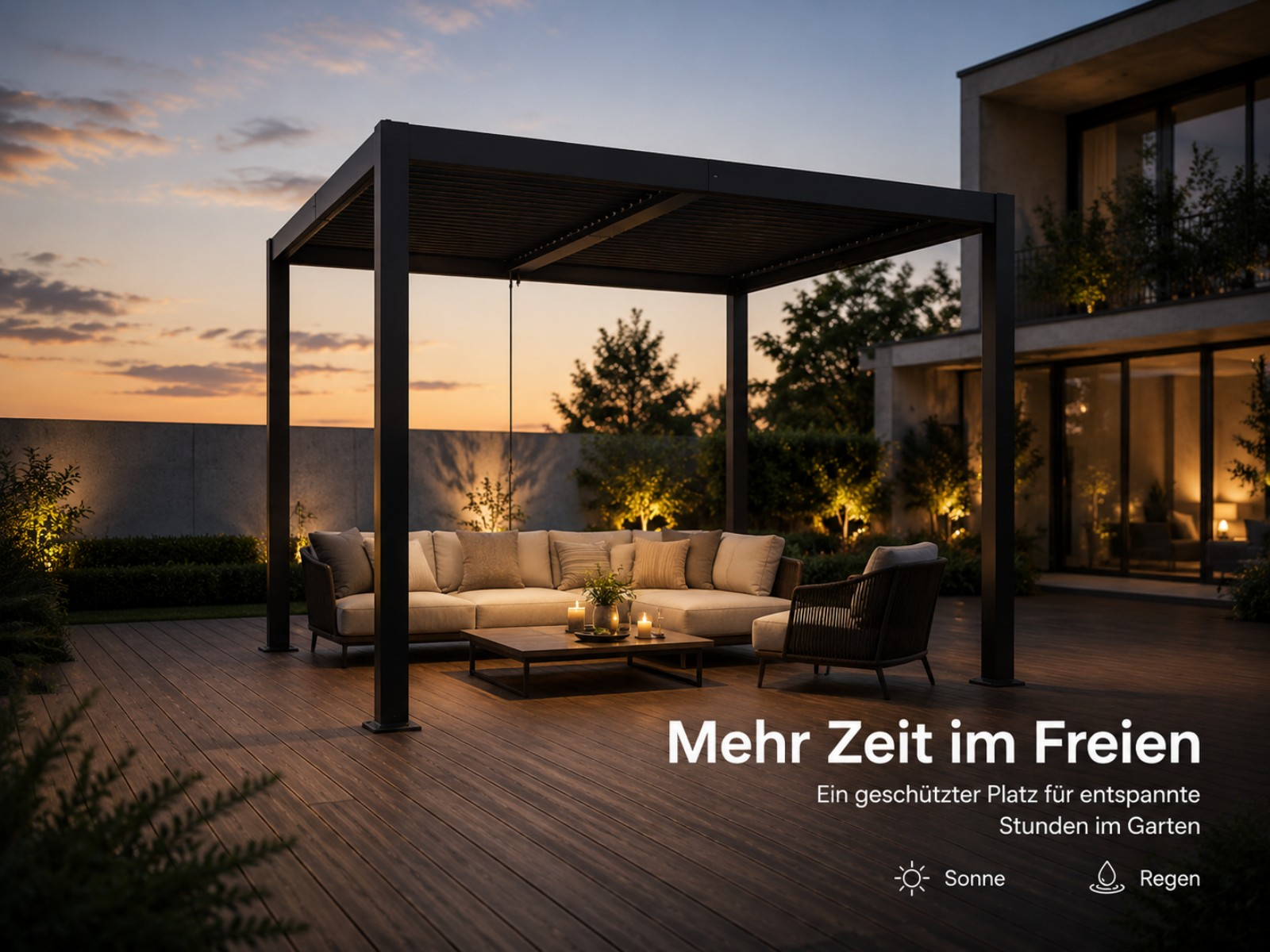 Eine überdachte Terrasse mit Sofa und Tisch bei Sonnenuntergang.