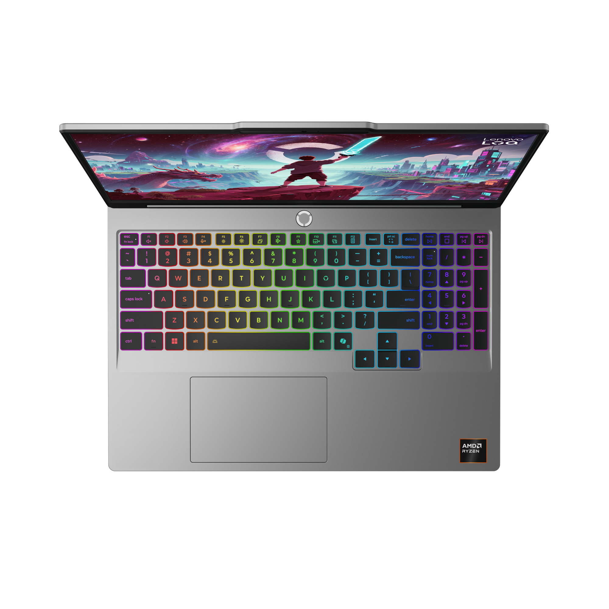 Un laptop aperto che mostra uno sfondo colorato di un drago e una scena cittadina.