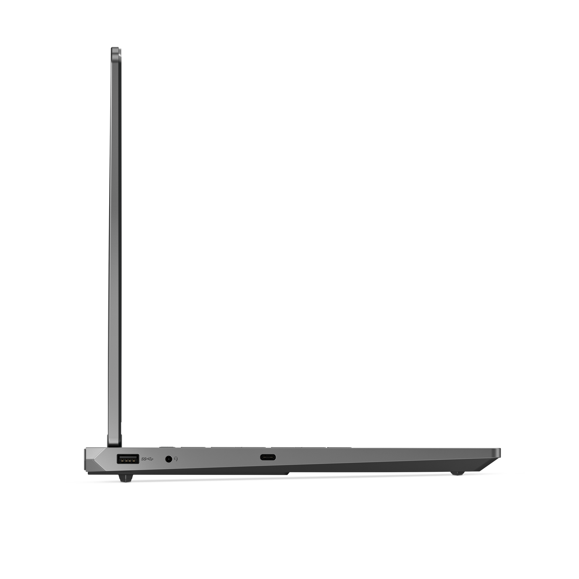 Laptop grigio visto di lato, con USB-A, jack cuffie e USB-C.