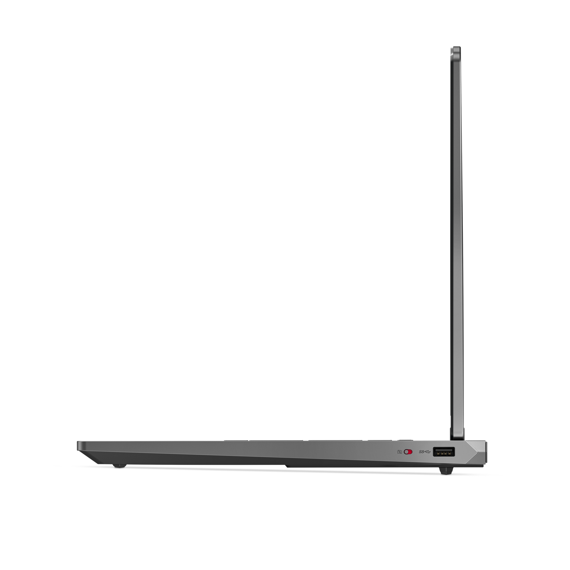 Laptop grigio di profilo con porte USB e antenna.