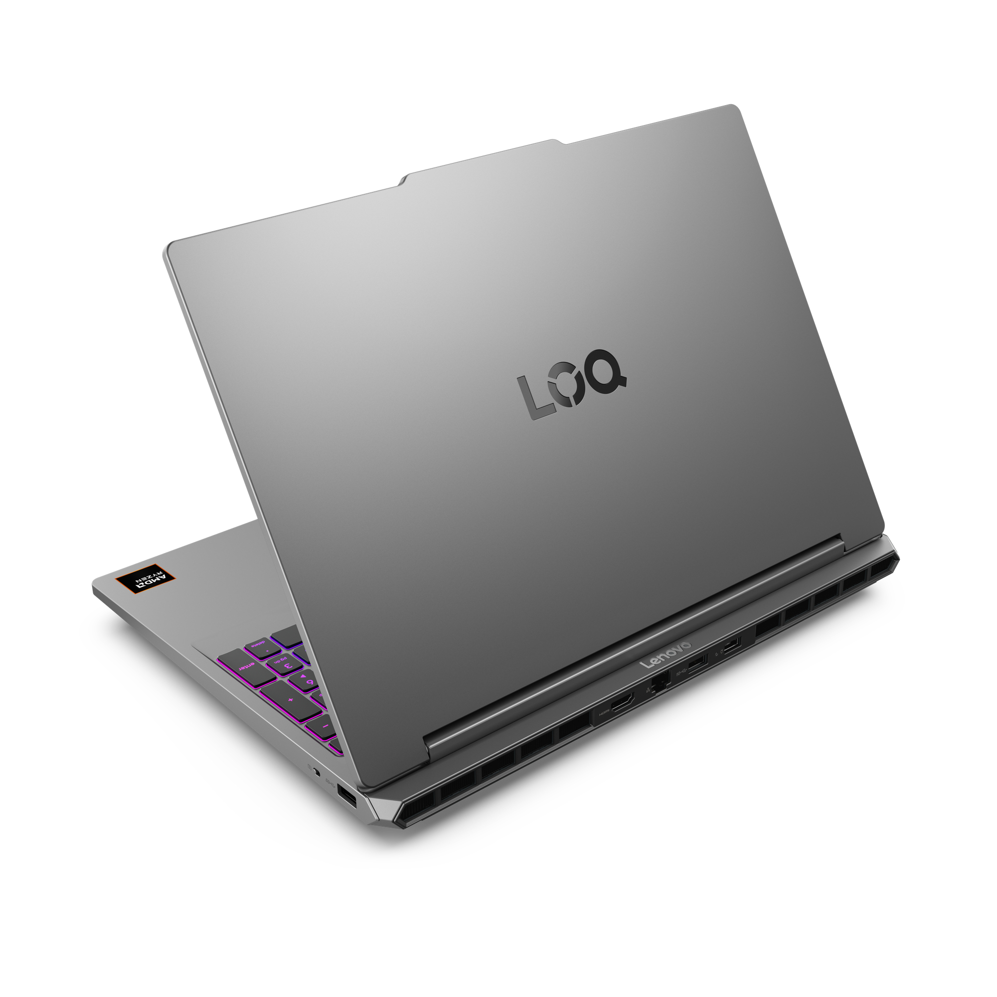 Laptop grigio con tastiera illuminata e logo LOQ. Porte sul lato.