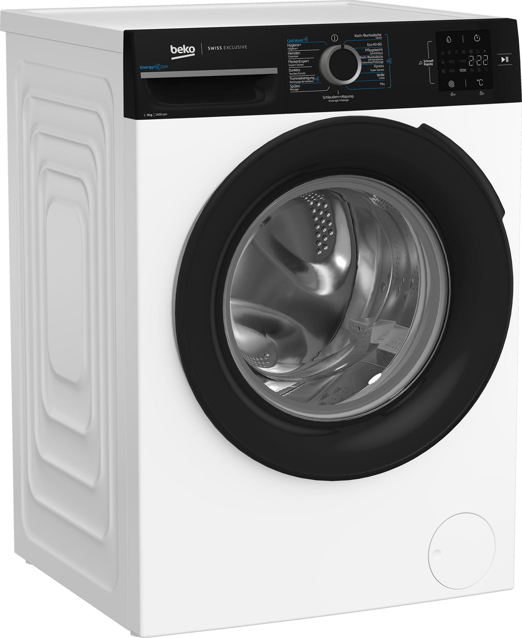 Une machine à laver Beko blanche avec porte et panneau de contrôle noirs.