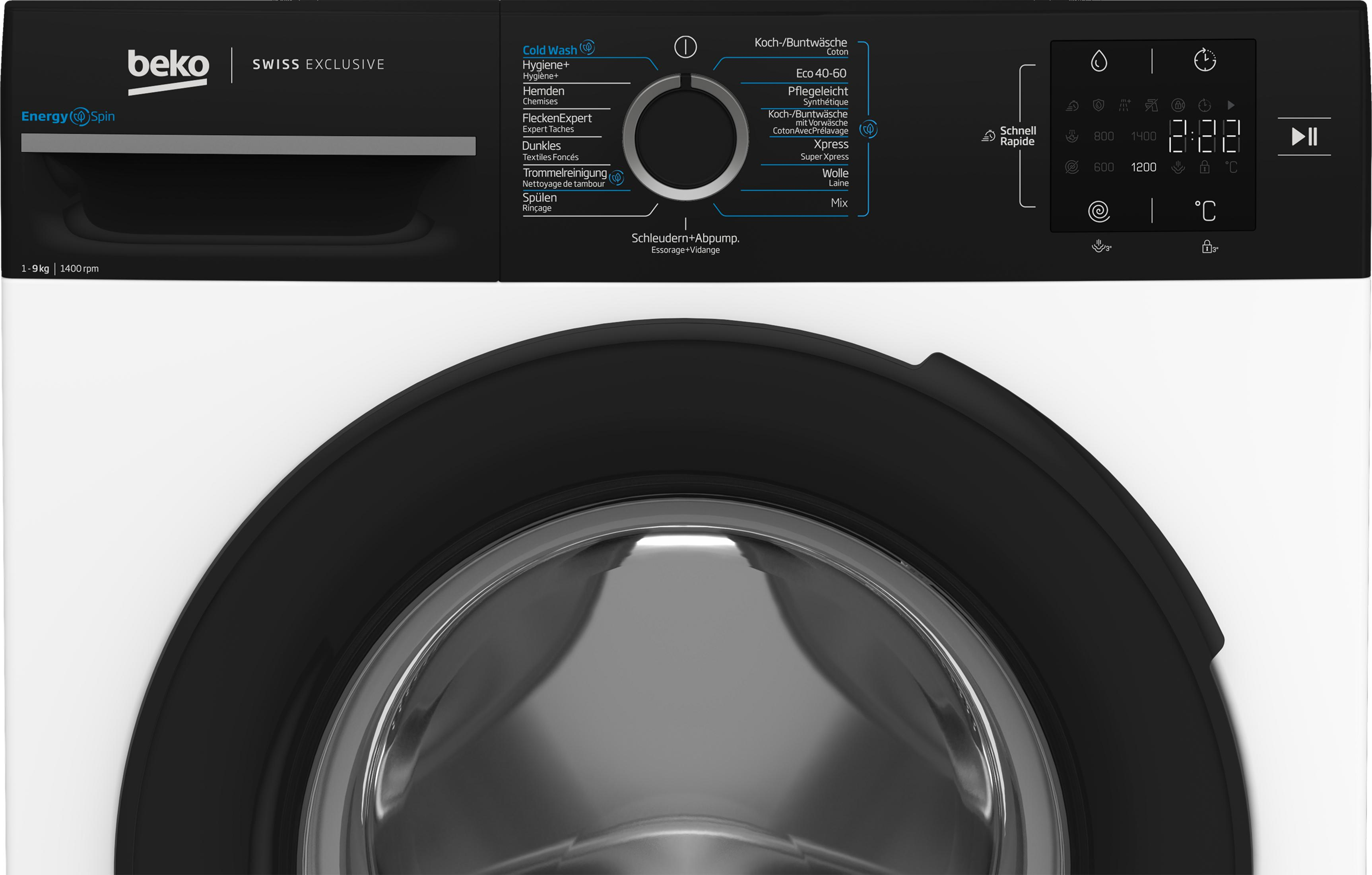 Une machine à laver blanche avec panneau de commande noir et tambour argenté. Programmes en allemand.