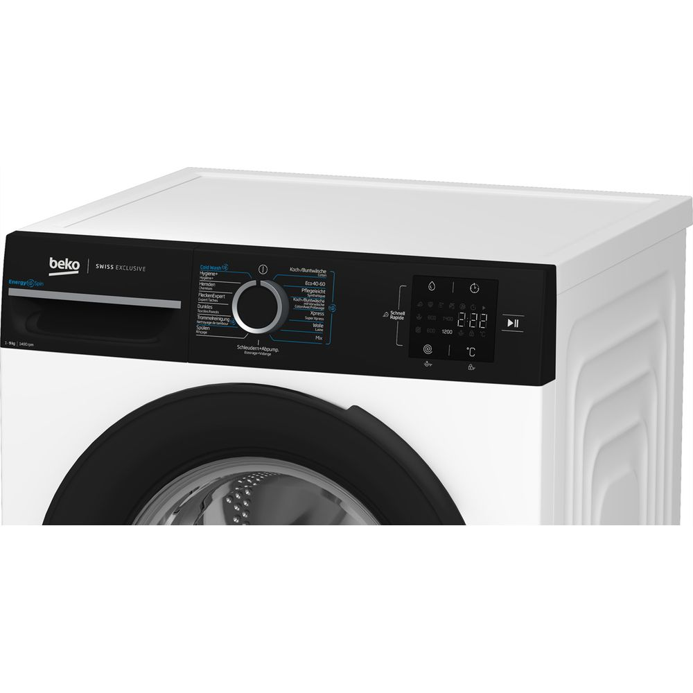 Une machine à laver Beko blanche avec panneau de commande noir et tambour argenté.