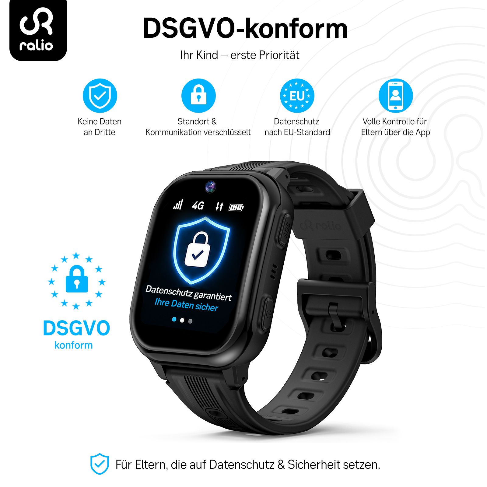 Schwarze Smartwatch mit DSGVO-Konform-Logo, Schutz-Symbolen und Text.