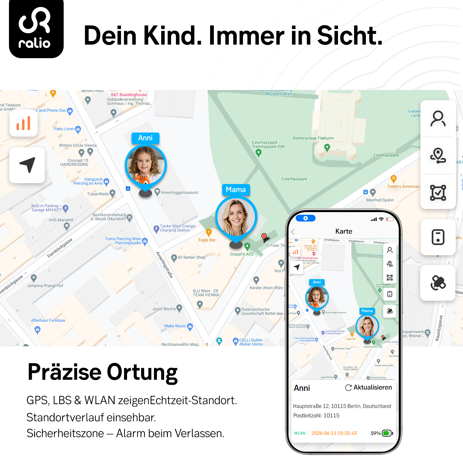 Karte mit Standort von Anni und Mama, detaillierte Straßenansicht.