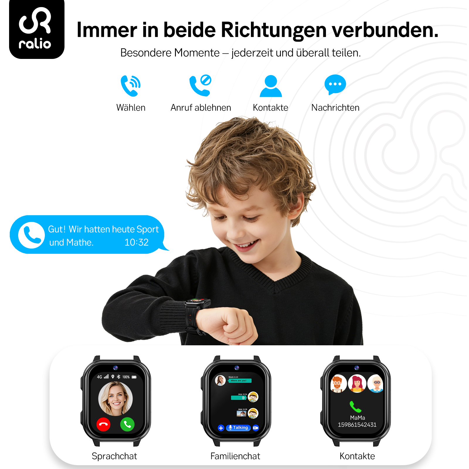 Junge schaut auf Smartwatch mit Anruf- und Chat-Anzeigen.